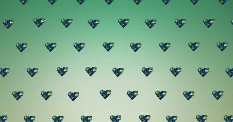 Composition of multiple heart globes repeated in grid over green background Stockillustratie