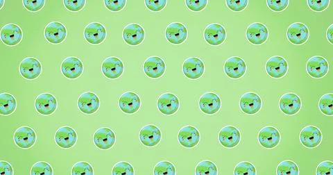 Composition of multiple laughing globes repeated in grid o green background 库存插图