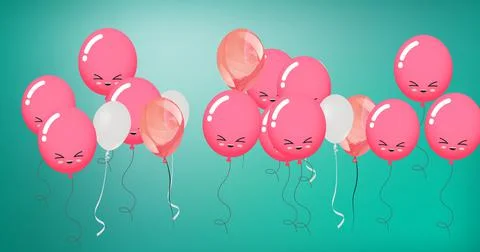 Composition of multiple pink balloons with faces on blue background Stockillustratie