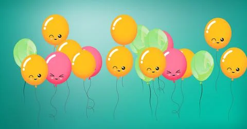 Composition of multiple pink, green and yellow balloons with faces on green Stockillustratie