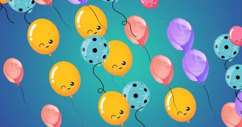 Composition of multiple pink, purple and yellow balloons with faces on blue Stockillustratie
