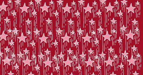 Composition of multiple pink stars with trails on red background Illustrazione stock