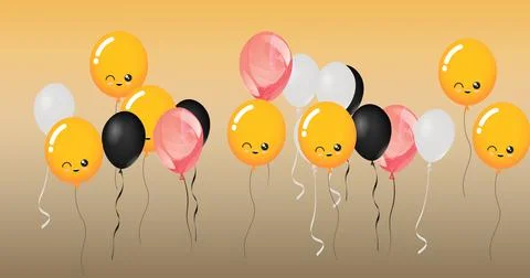 Composition of multiple pink, white, black and yellow balloons with faces on Stockillustratie