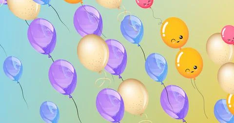 Composition of multiple purple, blue yellow balloons with faces on blue Stockillustratie