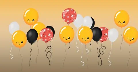 Composition of multiple red, black and white, yellow balloons with faces on Stockillustratie