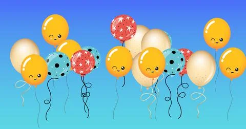 Composition of multiple red, blue and yellow balloons with faces on blue Stockillustratie