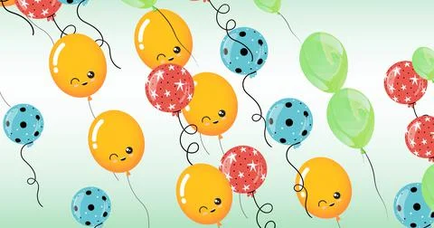 Composition of multiple red, blue, green and yellow balloons with faces on green Stockillustratie