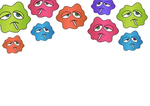 Composition of multiple sick faces emojis with thermometers with copy space on Stockillustratie
