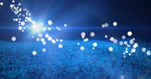 Composition of multiple white spots over glowing spot and blue mesh Illustrazione stock