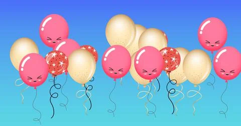 Composition of multiple yellow and pink balloons with faces on blue background Stockillustratie