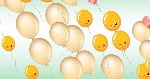 Composition of multiple yellow balloons with faces on green background Stockillustratie