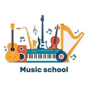 Composition with musical instruments and vinyl record. Music school invitatio Stock Illustration