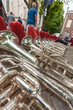 Composition of musical instruments on the ground in a row. Stock Photos