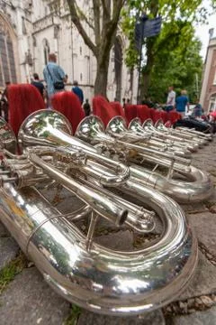 Composition of musical instruments on the ground in a row. Stock Photos