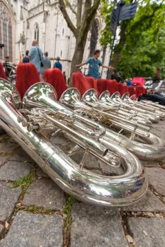 Composition of musical instruments on the ground in a row. Stock Photos