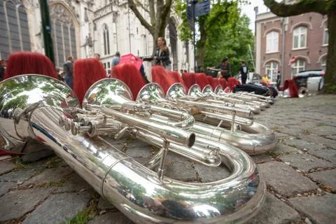 Composition of musical instruments on the ground in a row. Stock Photos
