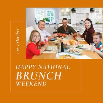 Composition of national brunch weekend text over caucasian family having 스톡 사진