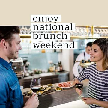 Composition of national brunch weekend text over caucasian couple with wine Fotos Stock