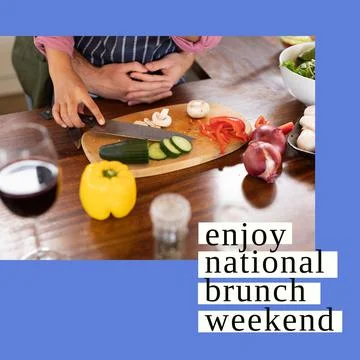 Composition of national brunch weekend text over caucasian couple cooking Fotos Stock
