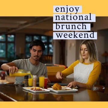 Composition of national brunch weekend text over diverse couple having dinner Fotos Stock