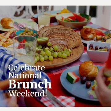 Composition of national brunch weekend text over table with food and caucasian Fotos Stock