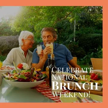 Composition of national brunch weekend text over senior caucasian couple having Fotos Stock