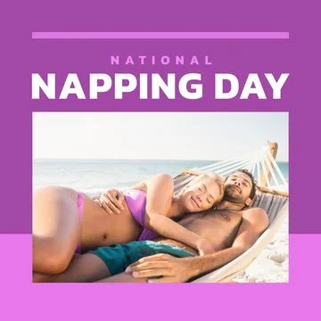 Composition of national napping day text over caucasian couple sleeping in Fotos Stock