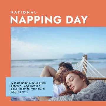 Composition of national napping day text over caucasian couple sleeping in Fotos Stock