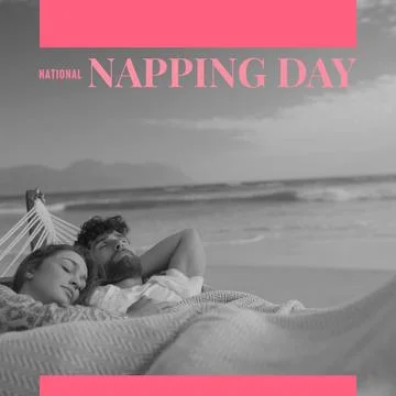 Composition of national napping day text over caucasian couple sleeping in Fotos Stock