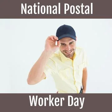 Composition of national postal worker day text over happy caucasian delivery man Illustration