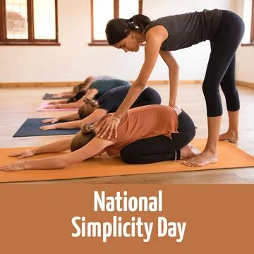 Composition of national simplicity day text over diverse women practicing yoga Stock Photos