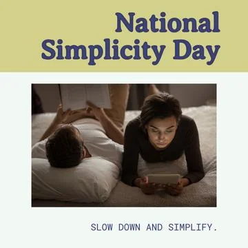 Composition of national simplicity day text over biracial couple reading book Fotos Stock