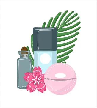 The composition of natural eco-friendly cosmetics. Creams and tubes with a pink Stock Illustration