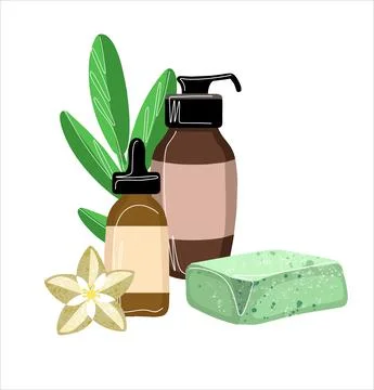 The composition of natural eco-friendly cosmetics. Soap with cream and bubbles Stock Illustration