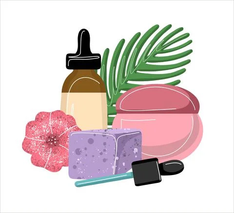 The composition of natural eco-friendly cosmetics. Creams and tubes with a pink Stock Illustration