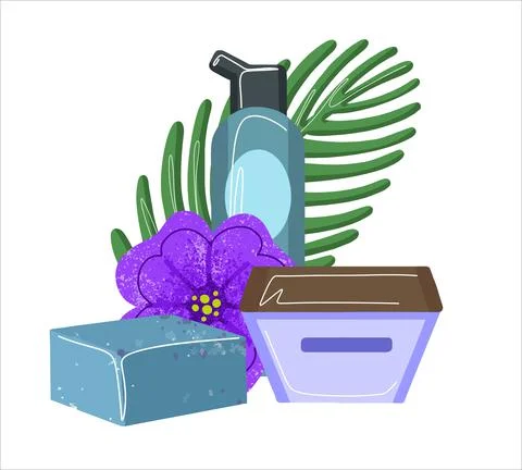 The composition of natural eco-friendly cosmetics. Creams and tubes with a pink Stock Illustration