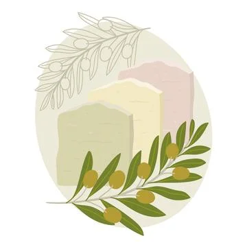 Composition with natural organic soaps with abstract shape, olive branch.  .. Stock Illustration