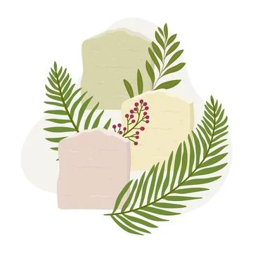 Composition with natural organic soaps with abstract shape, greenery. Hand .. Stock Illustration