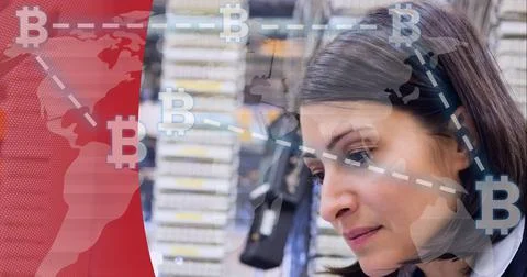 Composition of network of bitcoin symbols over woman checking computer servers Stock Photos