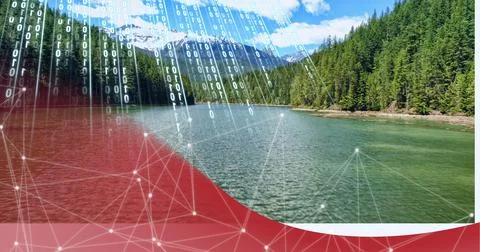 Composition of network of connections and binary coding over landscape Stock Photos