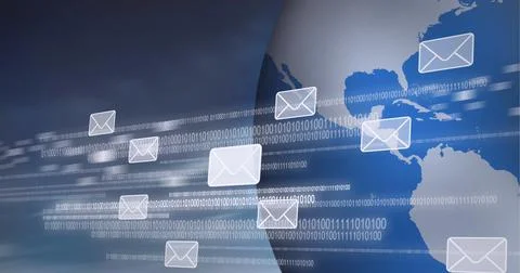 Composition of network of connections with binary coding and envelope mail icons 스톡 일러스트