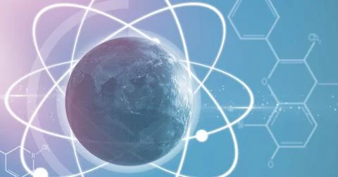 Composition of network of connections with chemical compounds over globe Stock Illustration