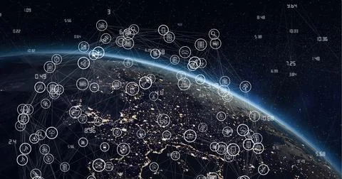 Composition of network of connections with digital icons over globe Ilustração Stock