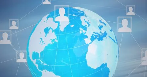 Composition of network of connections with digital people icons over globe Ilustração Stock