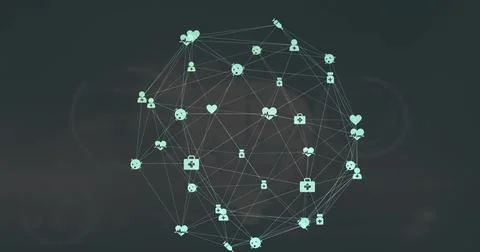Composition of network of connections with icons and spots of light on black Illustrazione stock