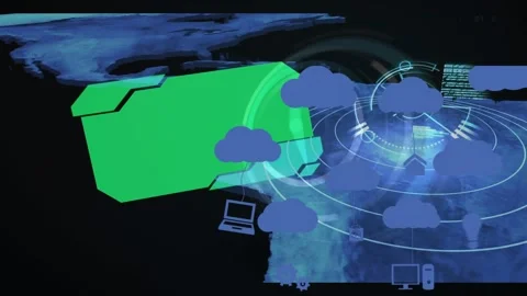 Composition of network of connections with icons over globe and computer circuit Stock Footage 329926158