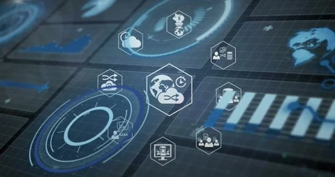 Composition of network of connections with icons over computer circuit board Stock Footage 330178182