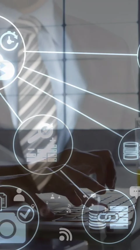 Composition of network of connections with icons over caucasian man wearing vr Stock Footage 343644821