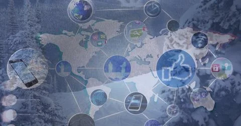 Composition of network of connections with icons over world map Ilustração Stock