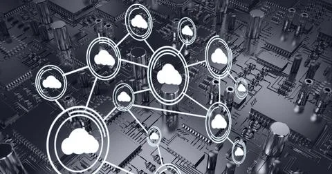 Composition of network of connections with icons over computer circuit board Stock Illustration